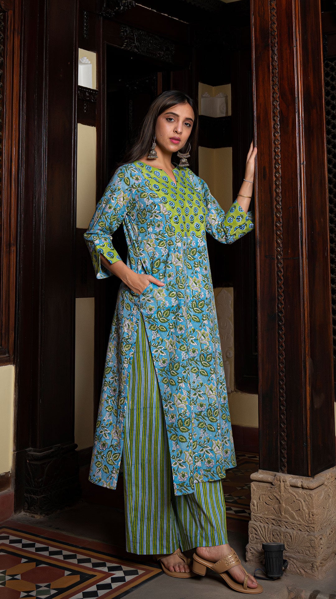 Kavya Sanganeri Hand Block Cotton Kurta In Green