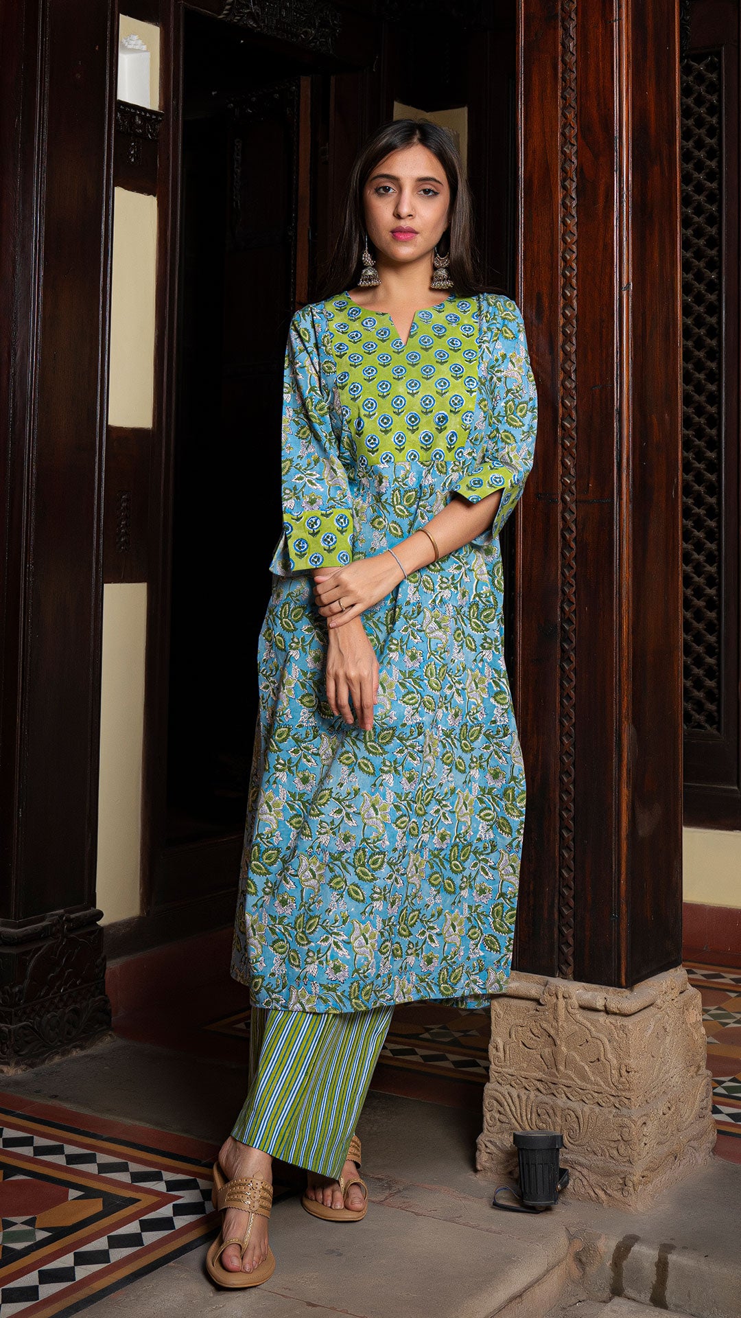 Kavya Sanganeri Hand Block Cotton Kurta In Green