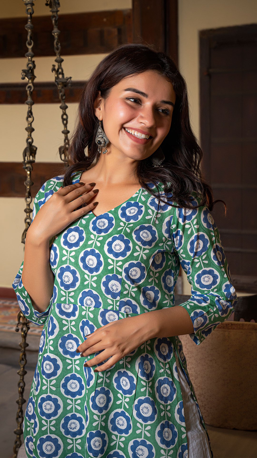 Megha Sanganeri Hand Block Cotton Kurta In Green/Blue